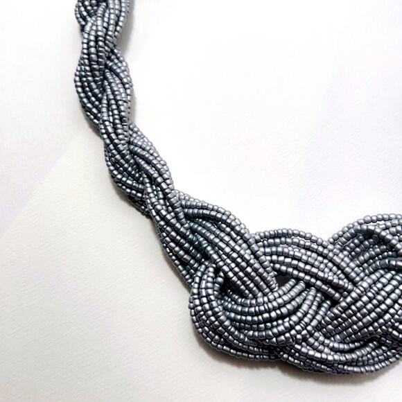 Beaded Multi Strand Twisted Knot Statement Collar Necklace, Silver Grey (NWT) - Picture 4 of 7